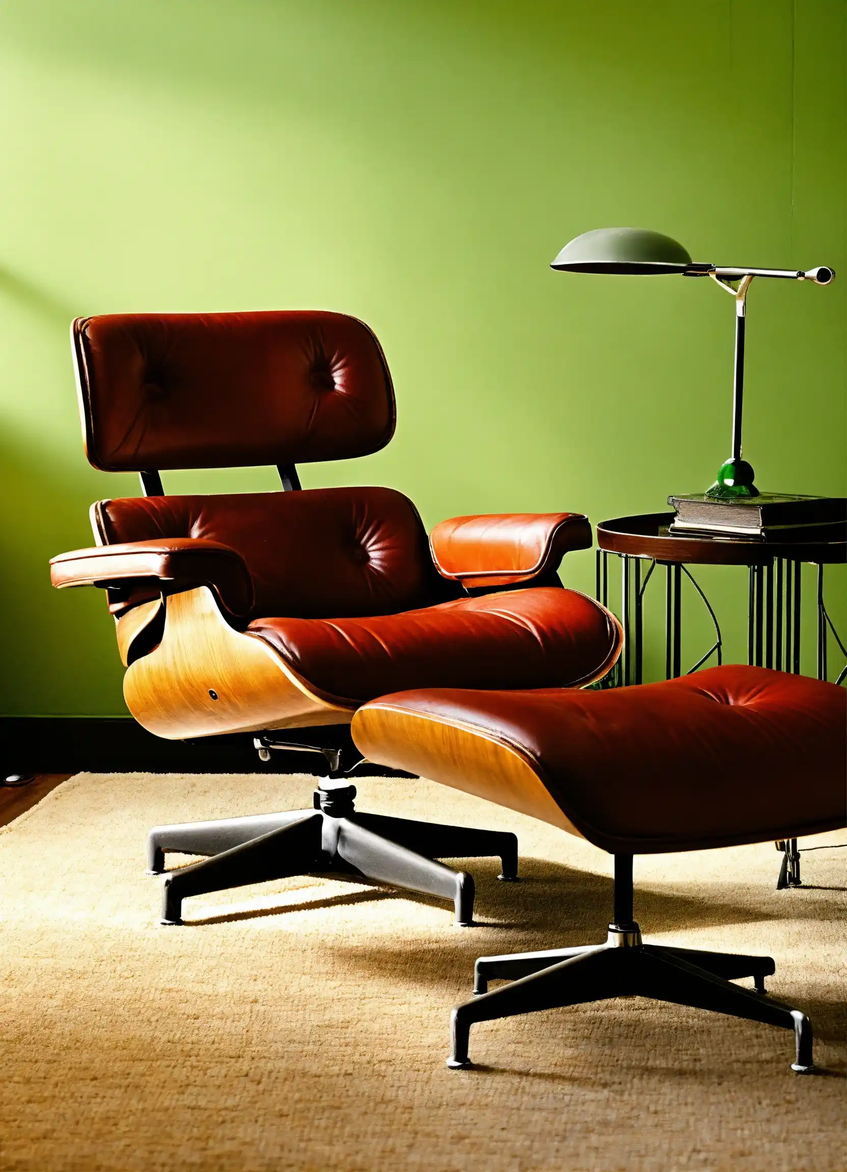 Lichte houten bureau met groene stoel