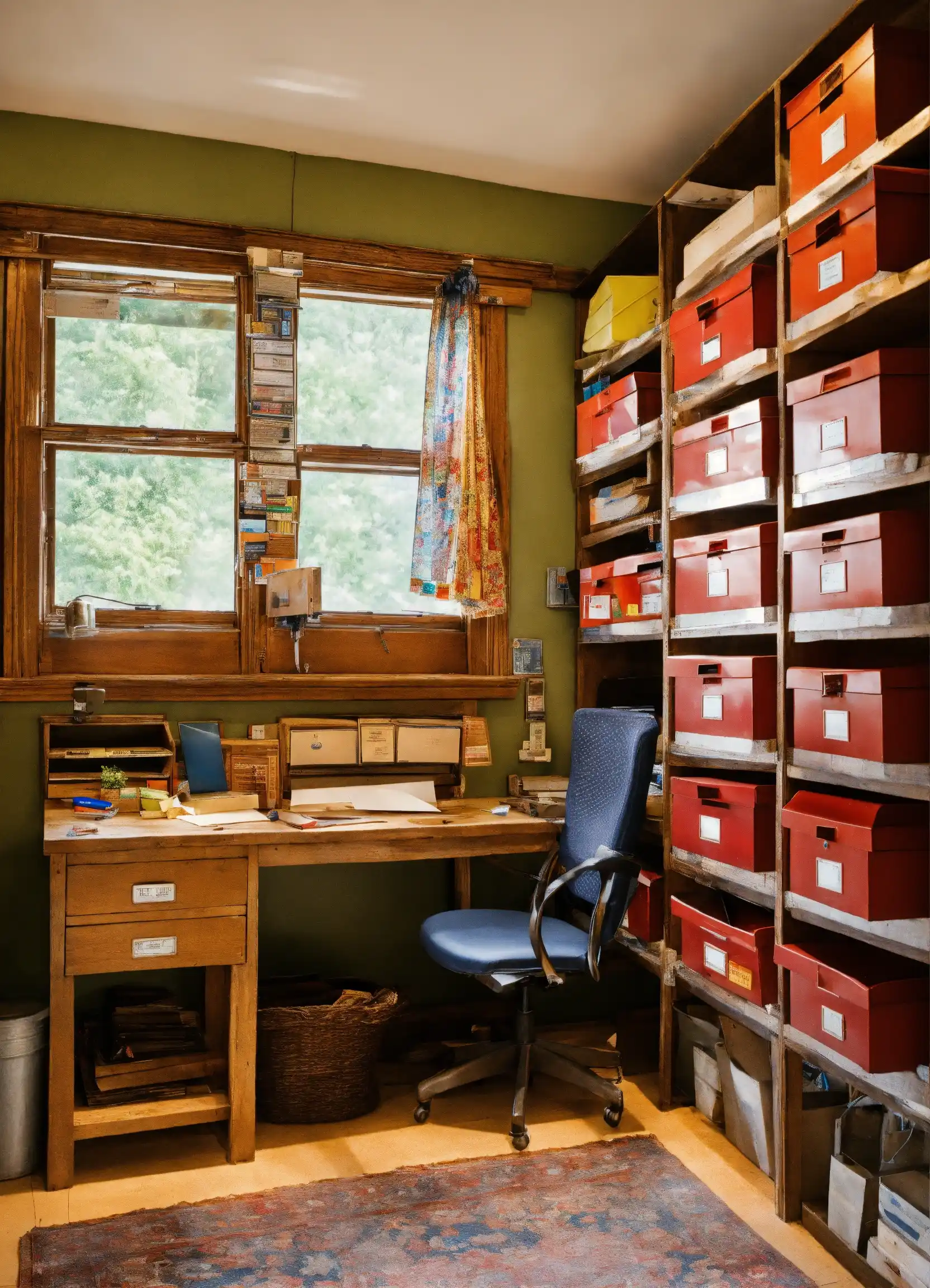 Minimalistisch bureau met blauwe stoel